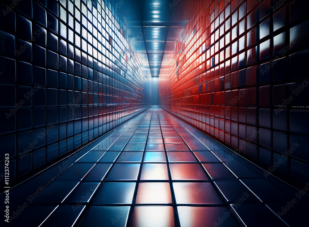 Poster a long, narrow corridor with reflective tiled walls and floor. bright blue and red neon lights illum
