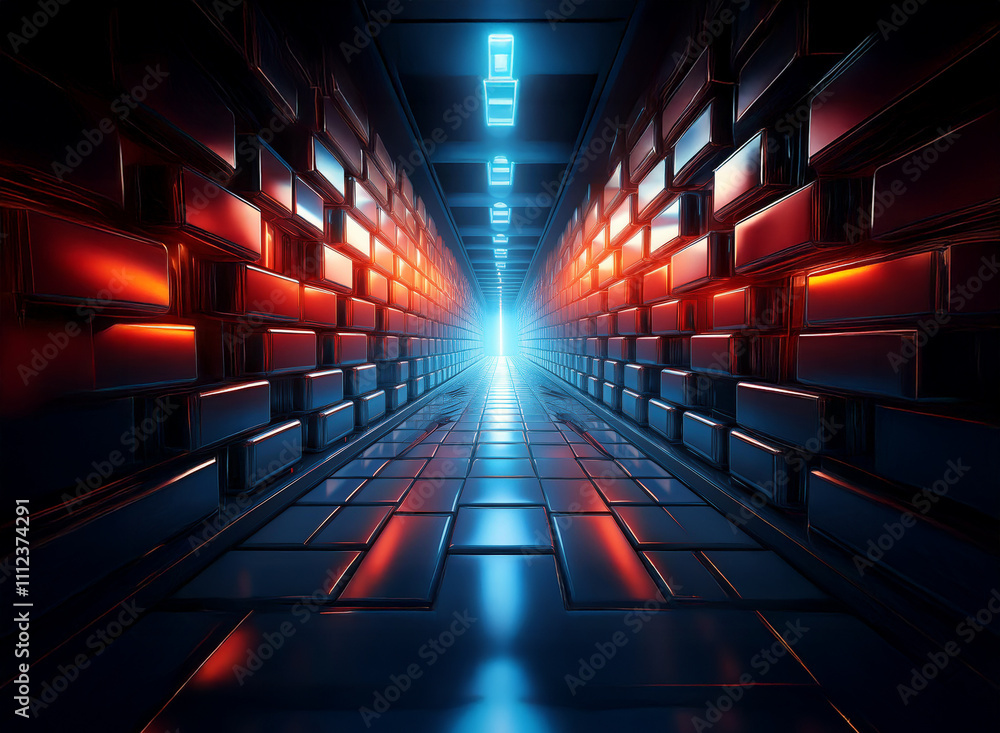 Poster a futuristic corridor glows with vibrant red and blue neon lights. the reflective floor enhances the
