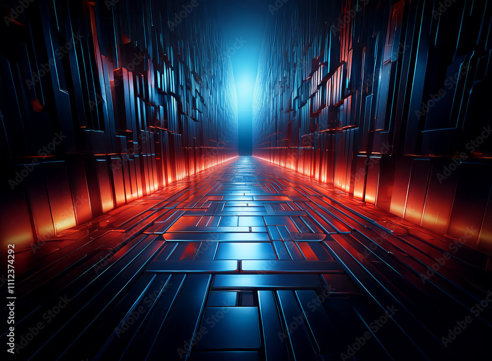 Poster a futuristic corridor glows with vibrant red and blue neon lights. the metallic walls and floor crea