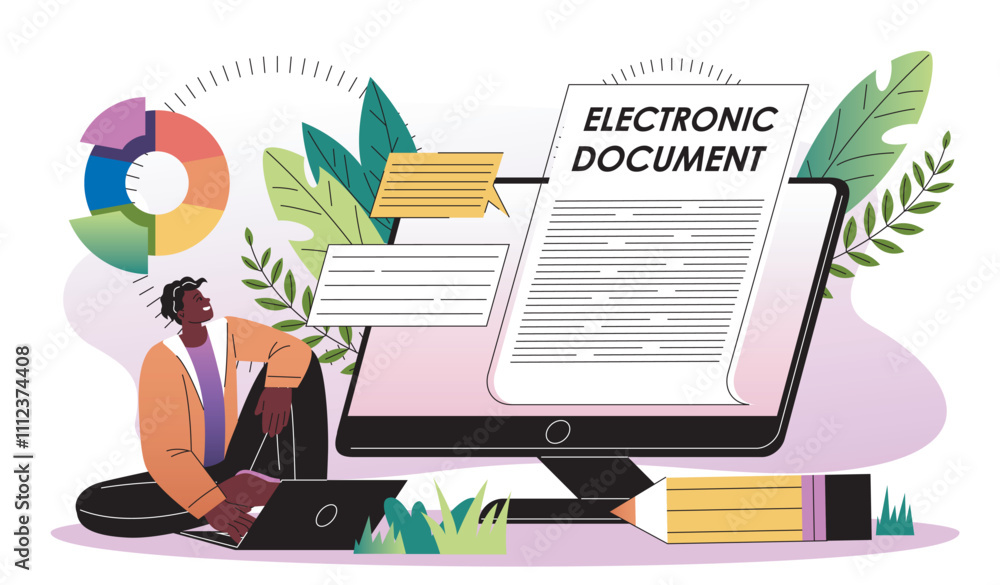 Aufkleber man reading electronic document. young guy sits near computer screen and reads article. digital file