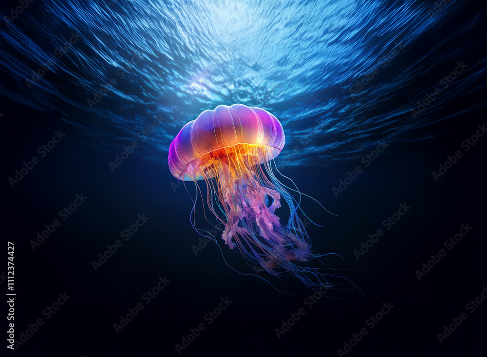 Poster a bioluminescent jellyfish gracefully drifts in the deep ocean, its vibrant bell and trailing tentac