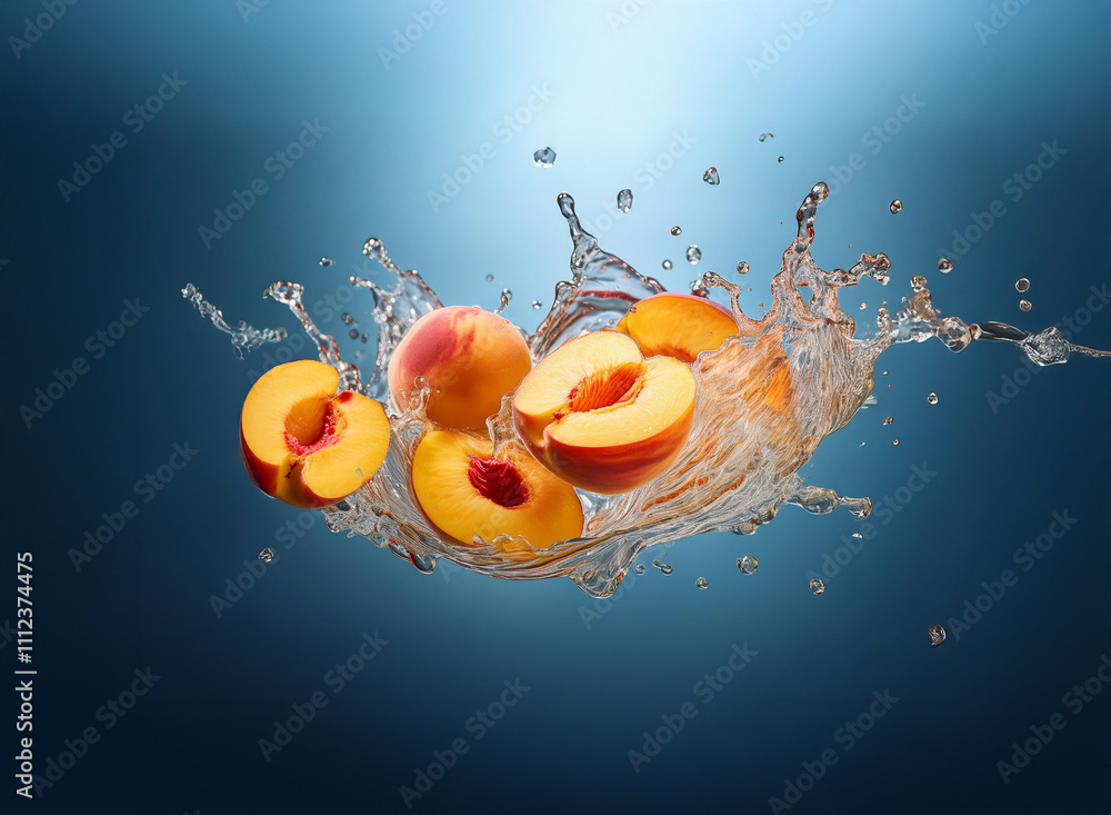 Poster juicy peach halves splash into clear water, creating a vibrant, refreshing scene against a deep blue
