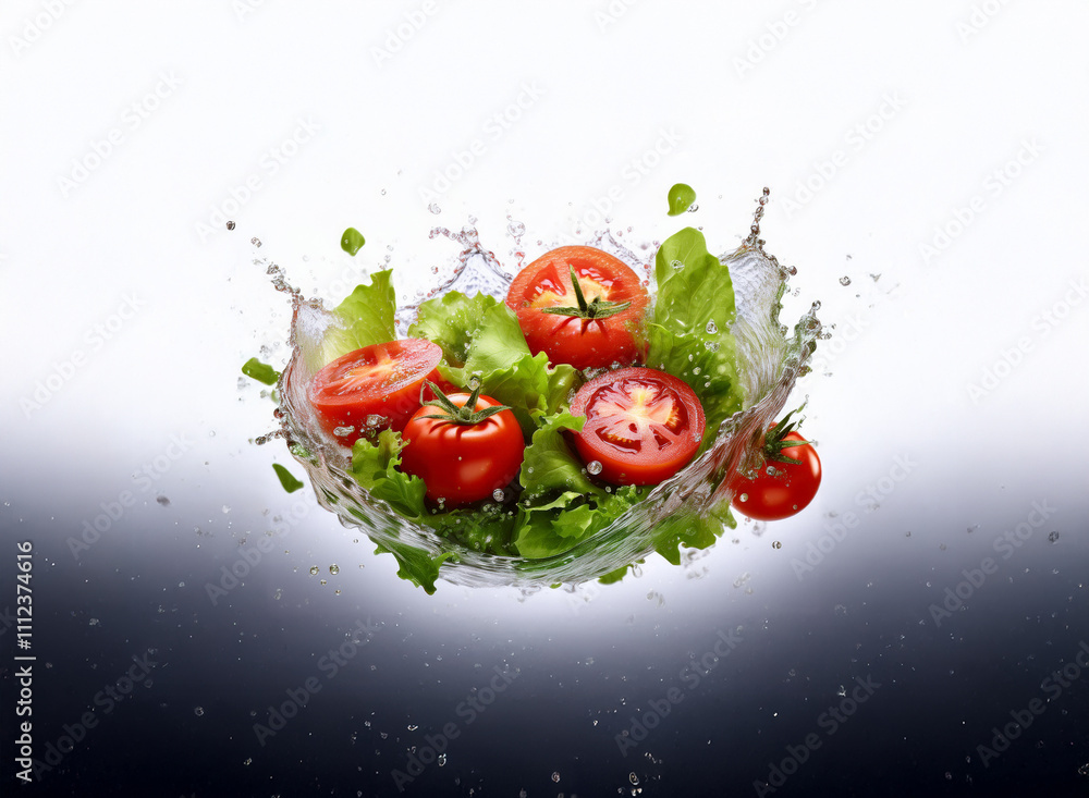 Poster vibrant red tomatoes and fresh green lettuce suspended in a dynamic water splash, creating a lively 
