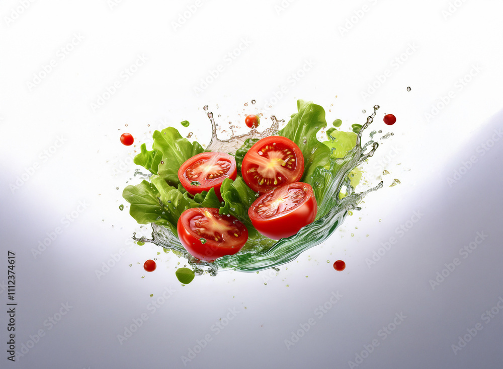 Poster Fresh tomatoes and lettuce burst in a vibrant splash of water, creating a dynamic and appetizing image against a bright background.  Red peppercorns add a touch of spice.