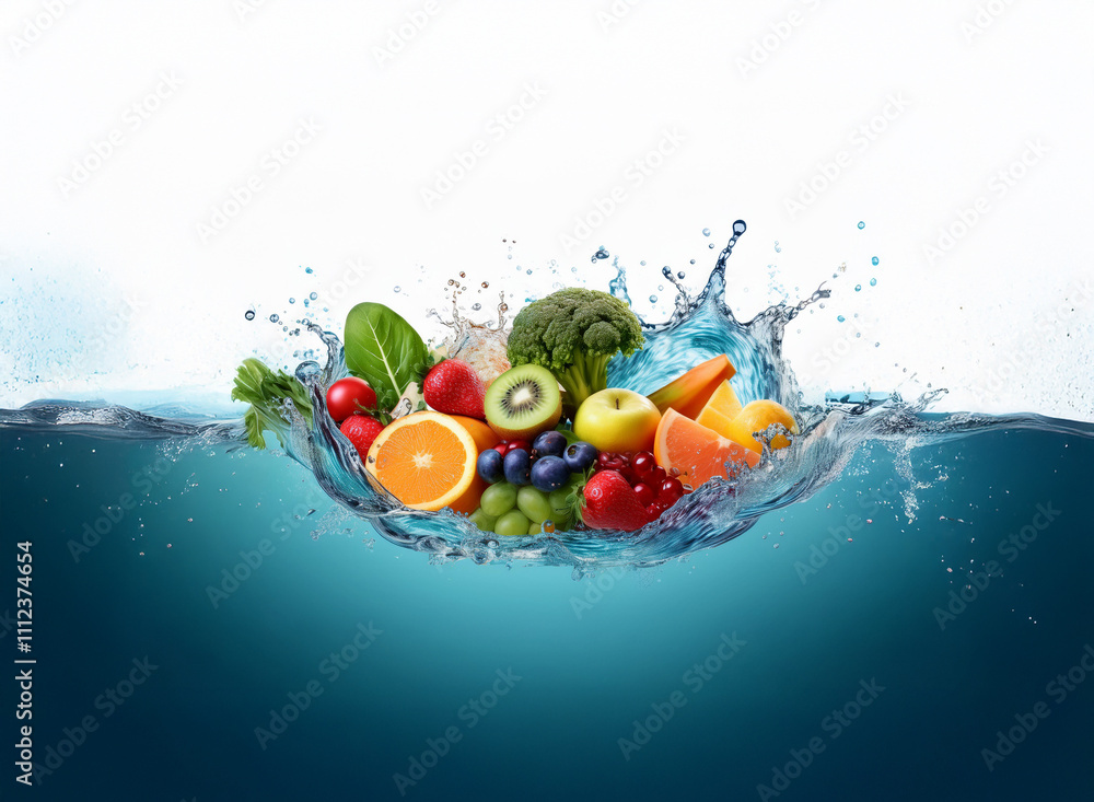 Aufkleber a vibrant mix of fresh fruits and vegetables splashes into clear water, creating a dynamic and healt