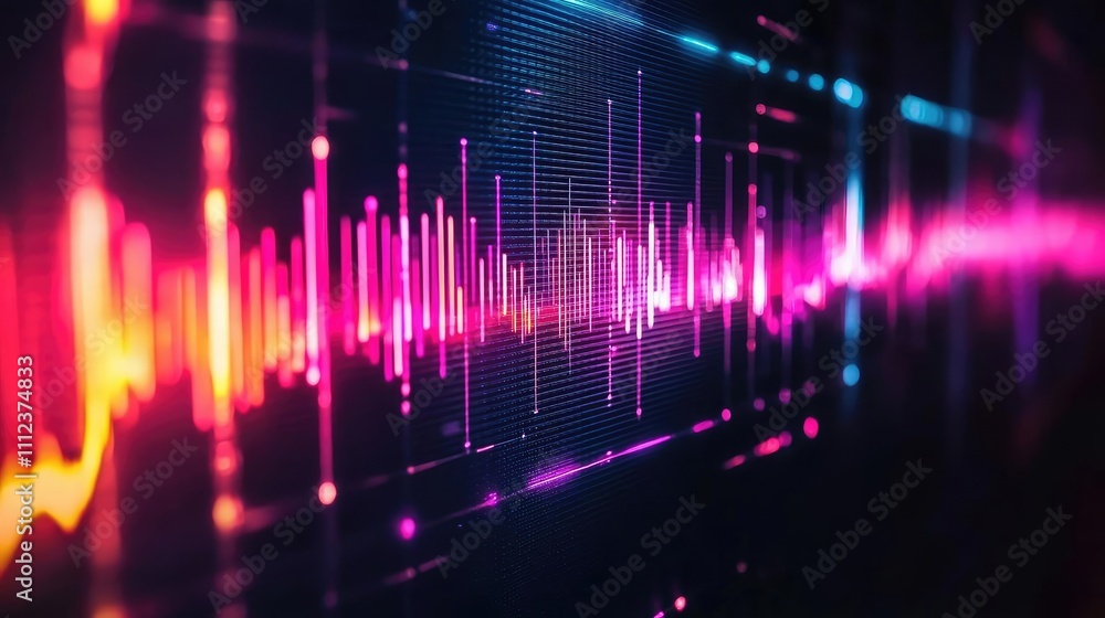 Poster colorful audio waveform displayed on a digital screen.