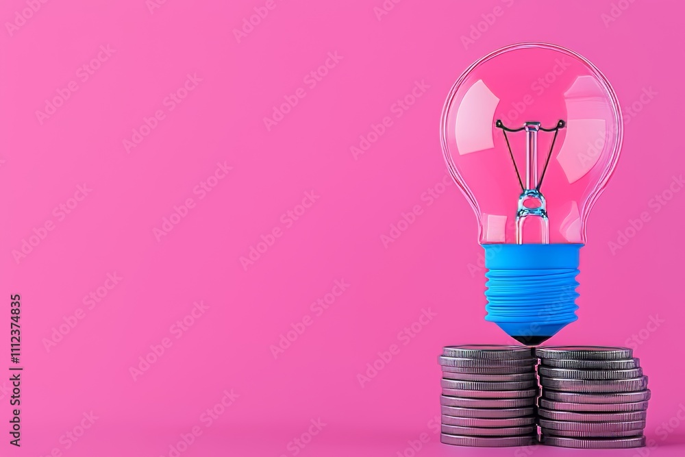 Poster an illuminated bulb hovering above a heap of coins, signifying inventive concepts and monetary advan