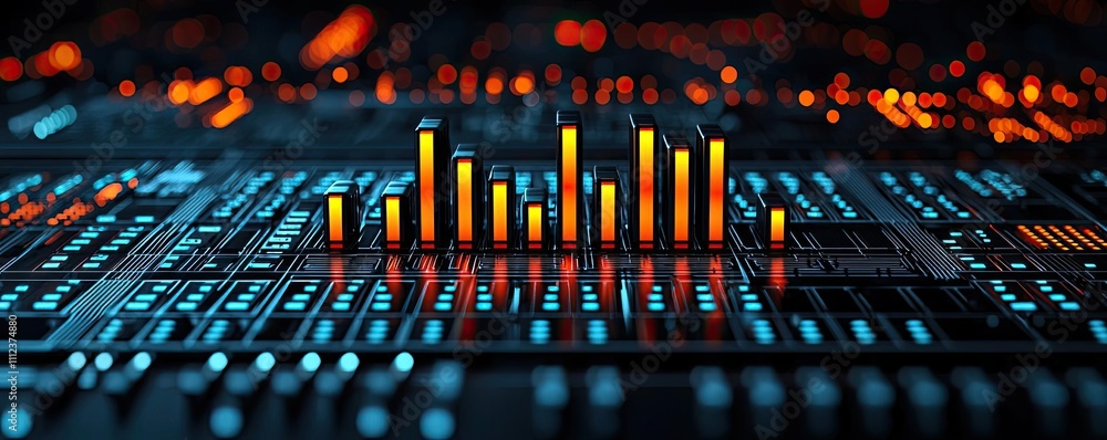 Poster digital data visualization with glowing bars on a dark electronic circuit board.