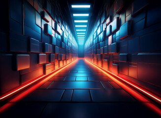 A futuristic corridor glows with vibrant orange and blue neon lights.  The walls are composed of dark, geometric panels, creating a sleek, modern aesthetic. The reflective floor enhances the sense of 