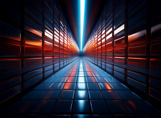 A futuristic corridor stretches into the distance, glowing with vibrant neon light and reflecting on a polished metallic floor.  The walls are lined with square panels emitting warm, orange hues.