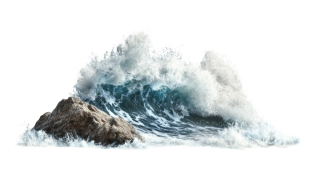 Sea wave hitting rock transparent background