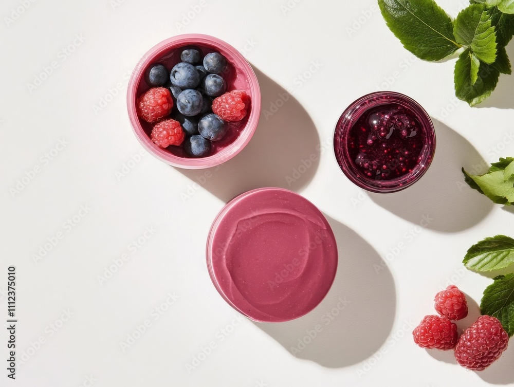 Poster a vibrant arrangement of mixed berries in a bowl alongside jars of berry jam on a light surface crea