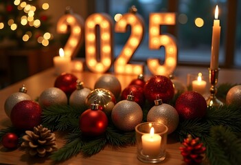 A realistic and high-quality photo of a snowy city square at night. A massive, beautifully decorated Christmas tree stands at the center, adorned with shimmering lights, ornaments, and a glowing star 