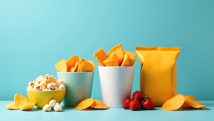 A colorful snack display with chips, popcorn, and crisps is perfect for advertising or promoting football events on a pastel blue backdrop._00001_