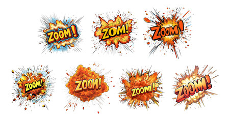 Obraz premium Pack PNG of a dynamic comic-style explosion with the word ZOOM set against a transparent background