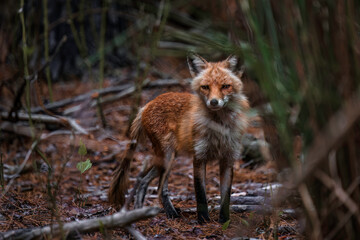 Red fox looking through woods 