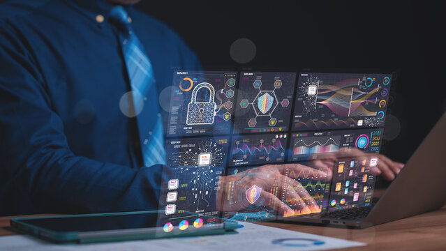 Professional interacts with sophisticated digital interface, data analytics and cybersecurity metrics to ensure robust system protection and informed decision-making processes