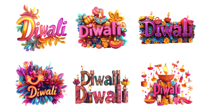 Pack PNG collage with bold typography that says Diwali set against a transparent background