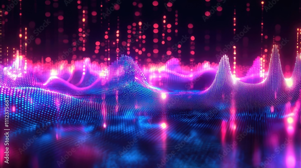 Poster vibrant sound wave visual with colorful light patterns on a dark background.