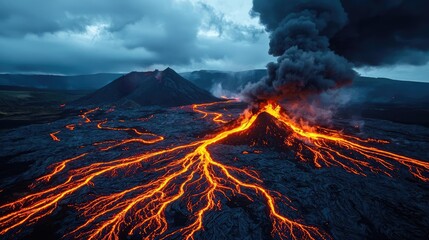 Erupting volcano with flowing lava, dark clouds, and dramatic landscape.