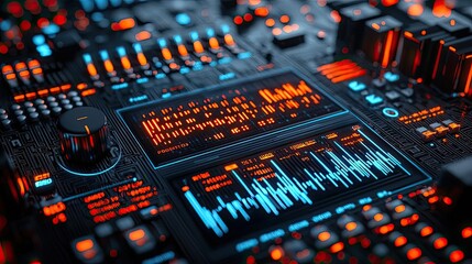 Futuristic soundboard with glowing buttons and waveforms on display.