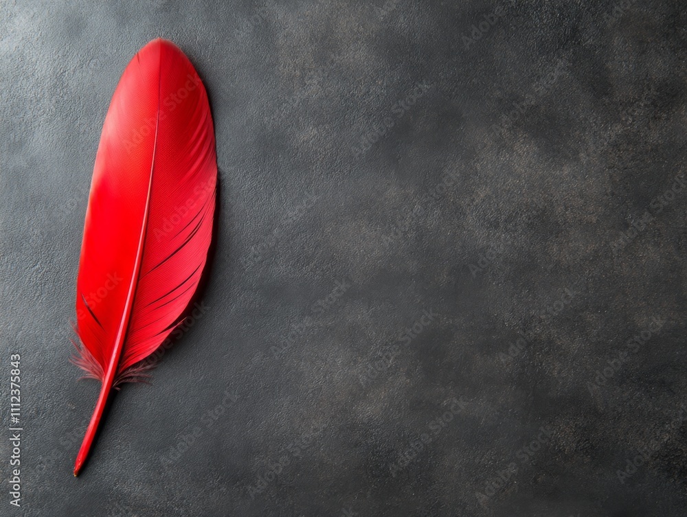 Poster Single vibrant red feather locations on a dark background, illuminated by soft light that highlights its intricate texture and depth, with open space for text