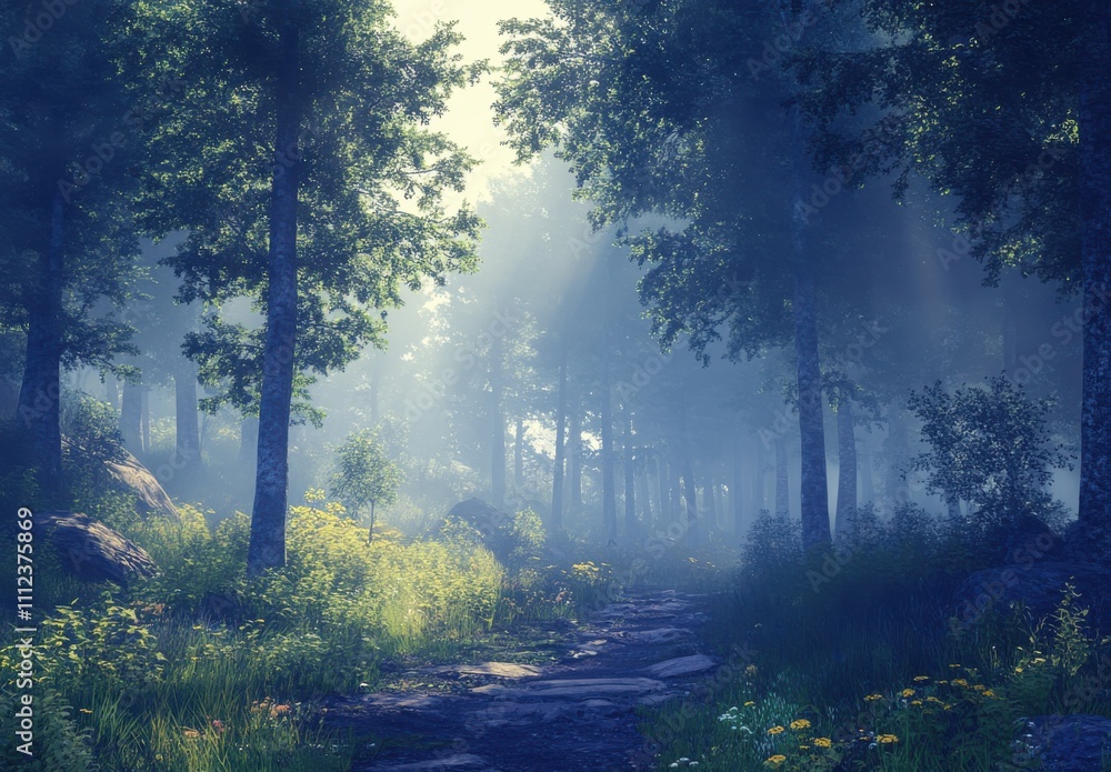Poster serene forest pathway with misty atmosphere and soft sunlight filtering through trees, creating a tr
