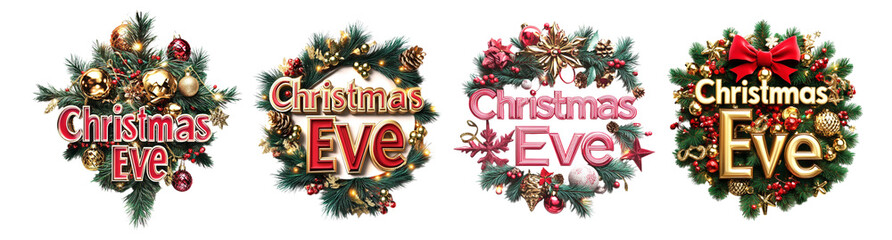 Pack PNG of a festive Christmas Eve set against a transparent background collage, capturing the holiday spirit with bold typography and seasonal elements