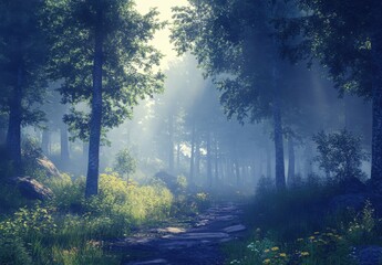 Obraz premium Serene Forest Pathway with Misty Atmosphere and Soft Sunlight Filtering Through Trees, Creating a Tranquil Natural Landscape Perfect for Nature Lovers