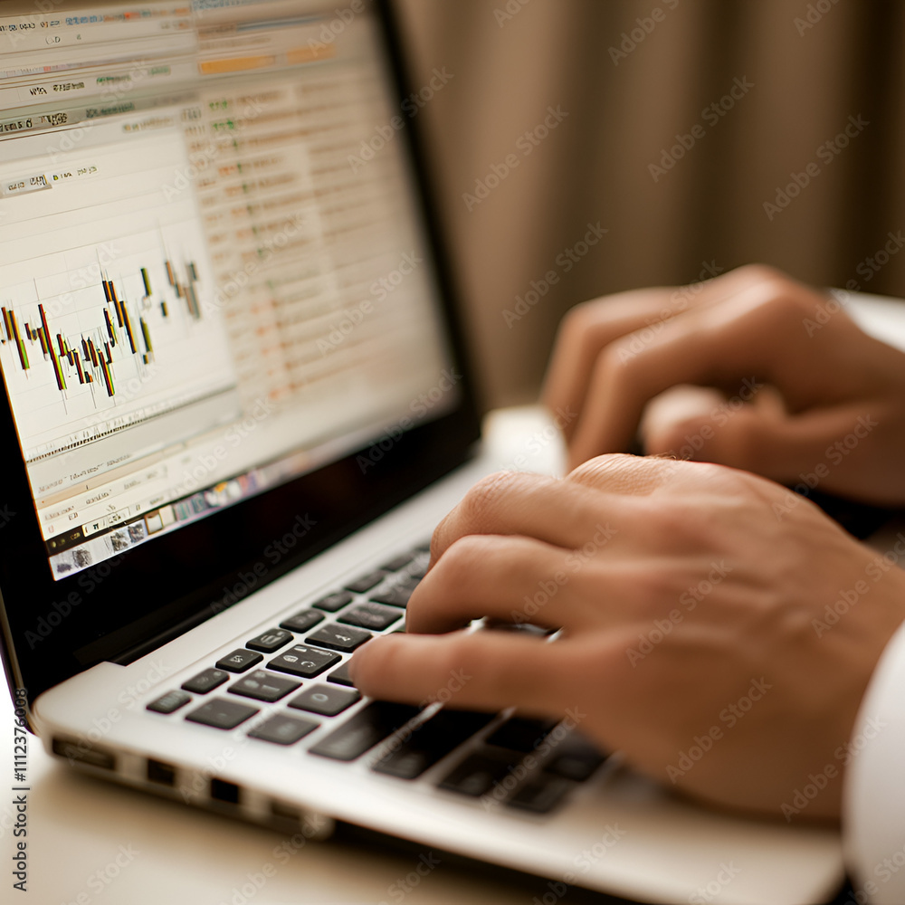 Poster analyzing business trends office environment digital analysis remote workspace close-up data-driven 