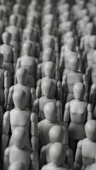 Fototapeta premium Black White wooden figurines portraying themes of racism segregation and exclusion through diverse characters representing unity individuality and non-conformity