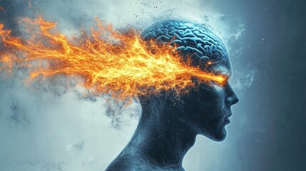 Fiery mind with brain engulfed by intense flames.