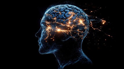 Obraz premium Profile of an electrified brain with light bursts.