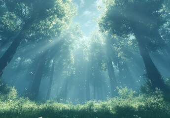 Obraz premium Serene Sunlight Filtering Through Tall Trees in a Lush Green Forest with Gentle Mist and Soft Rays Illuminating a Peaceful Nature Scene