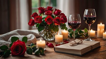 Obraz premium Romantic Dinner. Bouquet of flowers lying on the table, selective focus on bunch of roses, two glasses of red wine and candles on the wooden desk. Date concept, blurred background, banner, copy space