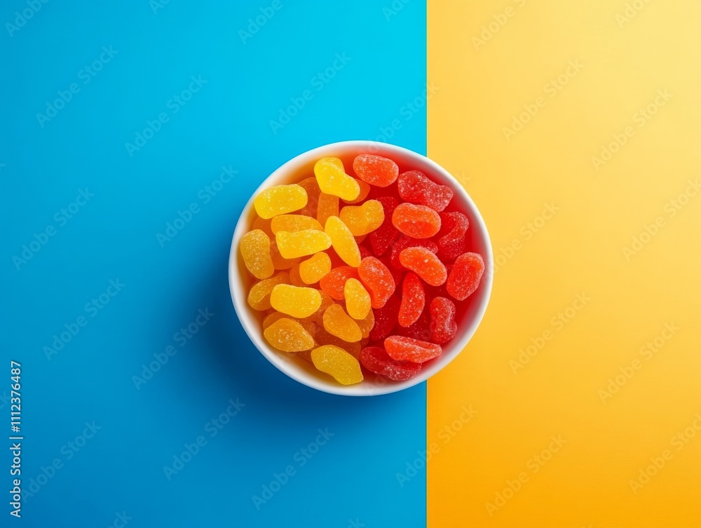 Poster overhead view of a colorful candy assortment divided by white lines on a blue and yellow background,