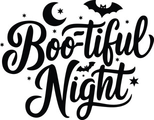 Halloween Typography Design Boo-tiful night  - Spooky, Pumpkin, Ghost, Witch Hat, Scary Quotes, and Bats Theme Vector.