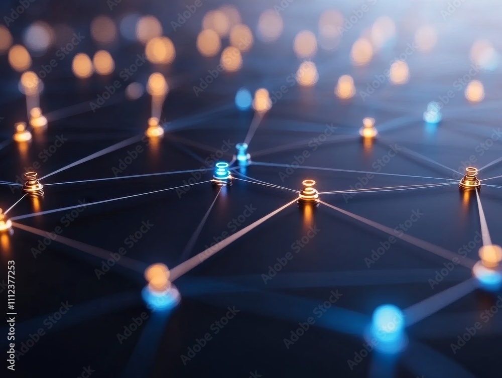 Poster overhead view reveals a vibrant digital network with glowing blue nodes and intricate lines, symboli