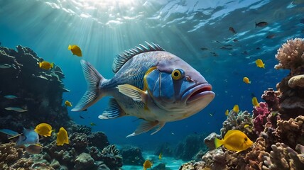 Fototapeta premium Colorful tropical fish swimming in a vibrant coral reef aquarium