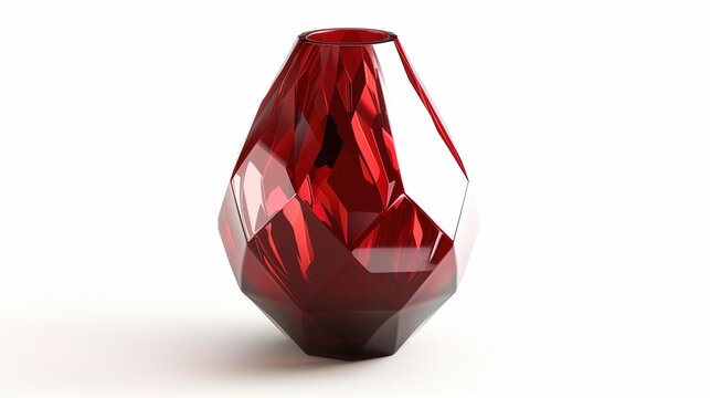 A sleek, red modern vase with geometric patterns, isolated on a white background, featuring sharp lines and a reflective surface.