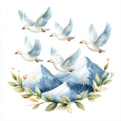 Fototapeta premium Wildlife and winter activities in watercolor concept. Watercolor painting of flying geese over mountains and foliage