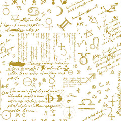 A seamless pattern of esoteric, astrological, and magical symbols.