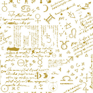 A seamless pattern of esoteric, astrological, and magical symbols.