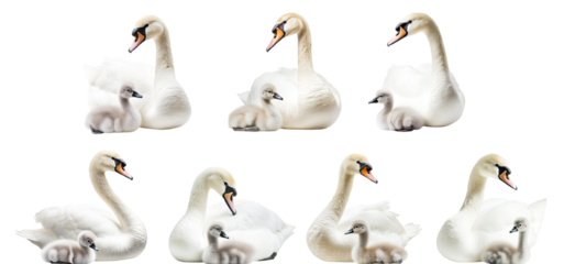 Pack PNG of a swan with its cygnet isolated set against transparent background