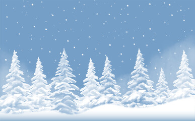 Snowy winter landscape. Winter watercolor banner in blue tones. Winter walk