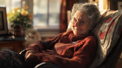 Obraz premium Elderly woman relaxing in cozy chair, enjoying afternoon sunlight in a warm living room setting