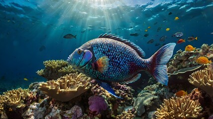 Colorful tropical fish swimming in a vibrant coral reef aquarium