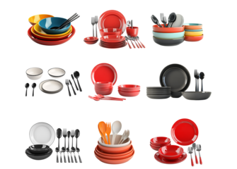 Pack PNG of a minimalist cartoon style set featuring plates bowls against transparent background