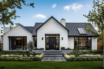 Obraz premium A sleek, white farmhouse with black accents and large windows. The roof is made of metal tiles, adding an industrial touch to the traditional-style home. A front door framed in dark wood stands.