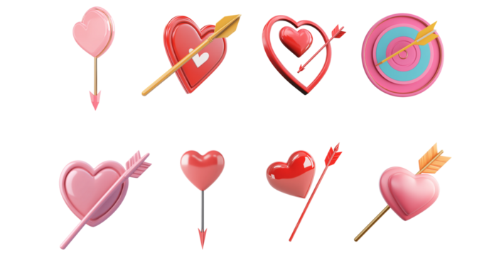 Pack PNG themed target with an arrow ideal for love themed graphics set against transparent background